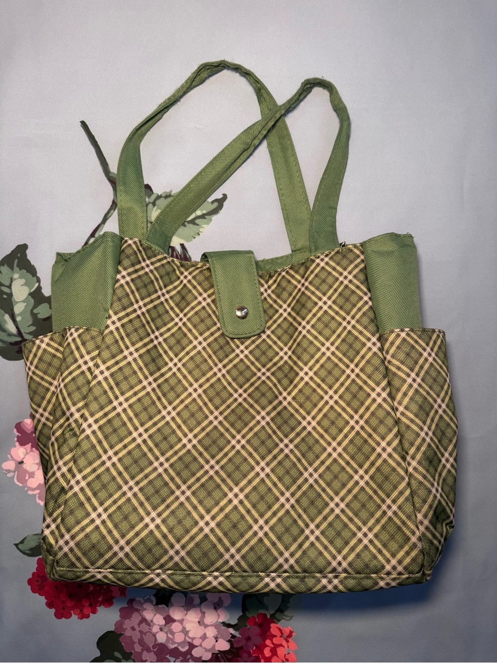 Olive Plaid Tote Bag with Snap Closure Lunch bag
